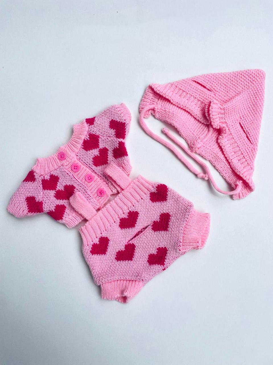 Pink Heart Sweater Outfit with Hat for Teddy Bear