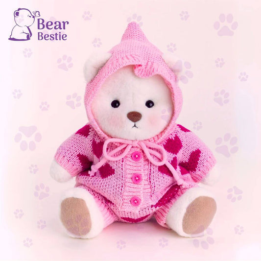 Light beige Teddy Bear in Heart Sweater Outfit